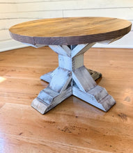 Load image into Gallery viewer, Round Farmhouse Coffee Table: Distressed White Pedestal Base, Provincial Brown Top
