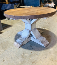 Load image into Gallery viewer, Round Farmhouse Coffee Table: Distressed White Pedestal Base, Provincial Brown Top

