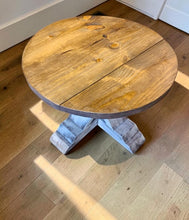 Load image into Gallery viewer, Round Farmhouse Coffee Table: Distressed White Pedestal Base, Provincial Brown Top

