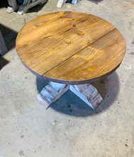 Load image into Gallery viewer, Round Farmhouse Coffee Table: Distressed White Pedestal Base, Provincial Brown Top
