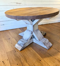 Load image into Gallery viewer, Round Farmhouse Coffee Table: Distressed White Pedestal Base, Provincial Brown Top
