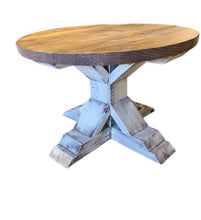 Load image into Gallery viewer, Round Farmhouse Coffee Table: Distressed White Pedestal Base, Provincial Brown Top
