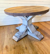 Load image into Gallery viewer, Round Farmhouse Coffee Table: Distressed White Pedestal Base, Provincial Brown Top
