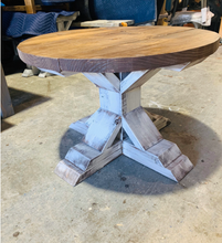 Load image into Gallery viewer, Round Farmhouse Coffee Table: Distressed White Pedestal Base, Provincial Brown Top
