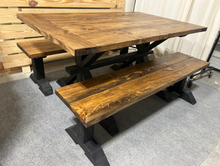 Load image into Gallery viewer, Farmhouse Trestle Table Set: Black Base, Provincial Brown Top, Benches
