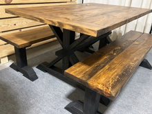 Load image into Gallery viewer, Farmhouse Trestle Table Set: Black Base, Provincial Brown Top, Benches
