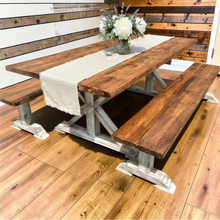 Load image into Gallery viewer, Farmhouse Trestle Dining Table Set With Benches 7ft Rustic Pine Wood Handmade

