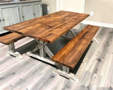 Load image into Gallery viewer, Farmhouse Trestle Dining Table Set With Benches 7ft Rustic Pine Wood Handmade
