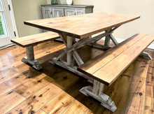 Load image into Gallery viewer, Farmhouse Trestle Dining Table Set With Benches 7ft Rustic Pine Wood Handmade
