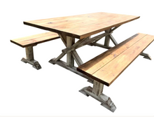 Load image into Gallery viewer, Farmhouse Trestle Dining Table Set With Benches 7ft Rustic Pine Wood Handmade
