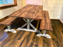 Load image into Gallery viewer, Farmhouse Trestle Dining Table Set With Benches 7ft Rustic Pine Wood Handmade

