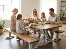 Load image into Gallery viewer, Farmhouse Trestle Dining Table Set With Benches 7ft Rustic Pine Wood Handmade

