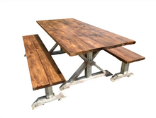 Load image into Gallery viewer, Farmhouse Trestle Dining Table Set With Benches 7ft Rustic Pine Wood Handmade
