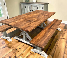 Load image into Gallery viewer, Farmhouse Trestle Dining Table Set With Benches 7ft Rustic Pine Wood Handmade
