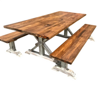 Load image into Gallery viewer, Farmhouse Trestle Dining Table Set With Benches 7ft Rustic Pine Wood Handmade
