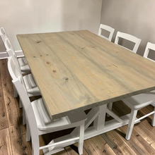 Load image into Gallery viewer, Farmhouse Trestle Dining Table Set with Chairs Rustic Wood White Kitchen Furniture

