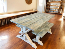 Load image into Gallery viewer, 6-Foot Trestle Table Set: Coastal Farmhouse Kitchen Table with Benches
