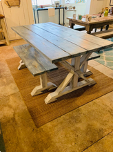Load image into Gallery viewer, 6-Foot Trestle Table Set: Coastal Farmhouse Kitchen Table with Benches

