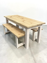 Load image into Gallery viewer, 6-Foot Narrow Farmhouse Dining Table Set: Rustic Wood Table &amp; Benches
