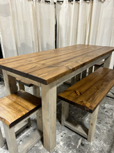 Load image into Gallery viewer, Rustic Farmhouse Dining Table Set: Provincial Brown, Bench Seating
