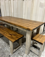 Load image into Gallery viewer, Rustic Farmhouse Dining Table Set: Provincial Brown, Bench Seating
