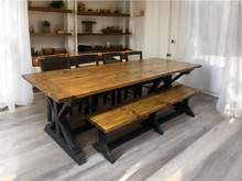 Load image into Gallery viewer, 8-Foot Farmhouse Dining Table: Distressed Black, Provincial Brown, Pedestal Base
