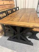 Load image into Gallery viewer, 8-Foot Farmhouse Dining Table: Distressed Black, Provincial Brown, Pedestal Base
