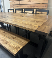 Load image into Gallery viewer, 8-Foot Farmhouse Dining Table: Distressed Black, Provincial Brown, Pedestal Base
