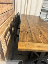 Load image into Gallery viewer, 8-Foot Farmhouse Dining Table: Distressed Black, Provincial Brown, Pedestal Base
