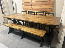 Load image into Gallery viewer, 8-Foot Farmhouse Dining Table: Distressed Black, Provincial Brown, Pedestal Base
