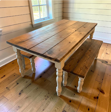 Load image into Gallery viewer, Farmhouse Table Set with Turned Legs, Two Benches, Provincial Brown Top and Gray Sun-Bleached Stain Base Dining Set
