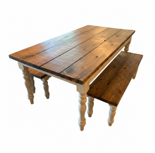 Load image into Gallery viewer, Farmhouse Table Set with Turned Legs, Two Benches, Provincial Brown Top and Gray Sun-Bleached Stain Base Dining Set
