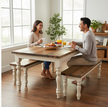 Load image into Gallery viewer, Farmhouse Table Set with Turned Legs, Two Benches, Provincial Brown Top and Gray Sun-Bleached Stain Base Dining Set
