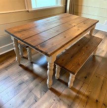 Load image into Gallery viewer, Farmhouse Table Set with Turned Legs, Two Benches, Provincial Brown Top and Gray Sun-Bleached Stain Base Dining Set

