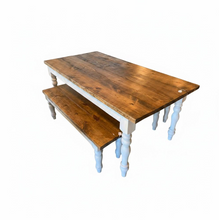 Load image into Gallery viewer, Farmhouse Table Set with Turned Legs, Two Benches, Provincial Brown Top and Gray Sun-Bleached Stain Base Dining Set
