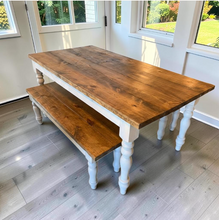 Load image into Gallery viewer, Farmhouse Table Set with Turned Legs, Two Benches, Provincial Brown Top and Gray Sun-Bleached Stain Base Dining Set
