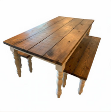 Load image into Gallery viewer, Farmhouse Table Set with Turned Legs, Two Benches, Provincial Brown Top and Gray Sun-Bleached Stain Base Dining Set

