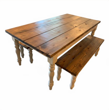 Load image into Gallery viewer, Farmhouse Table Set with Turned Legs, Two Benches, Provincial Brown Top and Gray Sun-Bleached Stain Base Dining Set
