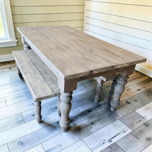 Load image into Gallery viewer, Rustic Farmhouse Table Set with Turned Chunky Legs, Includes two Benches, Gray White Wash Top and Classic Gray Base Dining Set
