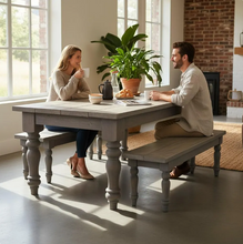 Load image into Gallery viewer, Rustic Farmhouse Table Set with Turned Chunky Legs, Includes two Benches, Gray White Wash Top and Classic Gray Base Dining Set
