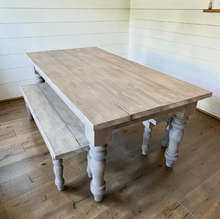 Load image into Gallery viewer, Rustic Farmhouse Table Set with Turned Chunky Legs, Includes two Benches, Gray White Wash Top and Classic Gray Base Dining Set
