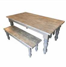 Load image into Gallery viewer, Rustic Farmhouse Table Set with Turned Chunky Legs, Includes two Benches, Gray White Wash Top and Classic Gray Base Dining Set
