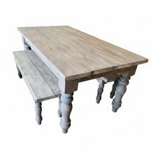 Load image into Gallery viewer, Rustic Farmhouse Table Set with Turned Chunky Legs, Includes two Benches, Gray White Wash Top and Classic Gray Base Dining Set
