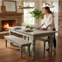 Load image into Gallery viewer, Rustic Farmhouse Table Set with Turned Chunky Legs, Includes two Benches, Gray White Wash Top and Classic Gray Base Dining Set
