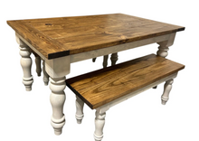 Load image into Gallery viewer, Turned Leg Farmhouse Dining Table - With Benches - Provincial Brown and Sun Bleached Base - Breadboard Ends - Kitchen Table Set
