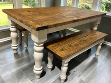 Load image into Gallery viewer, Turned Leg Farmhouse Dining Table - With Benches - Provincial Brown and Sun Bleached Base - Breadboard Ends - Kitchen Table Set

