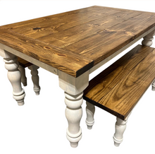 Load image into Gallery viewer, Turned Leg Farmhouse Dining Table - With Benches - Provincial Brown and Sun Bleached Base - Breadboard Ends - Kitchen Table Set
