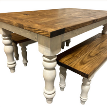 Load image into Gallery viewer, Turned Leg Farmhouse Dining Table - With Benches - Provincial Brown and Sun Bleached Base - Breadboard Ends - Kitchen Table Set
