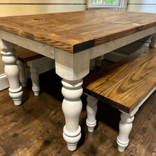 Load image into Gallery viewer, Turned Leg Farmhouse Dining Table - With Benches - Provincial Brown and Sun Bleached Base - Breadboard Ends - Kitchen Table Set
