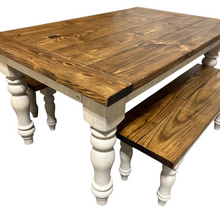 Load image into Gallery viewer, Turned Leg Farmhouse Dining Table - With Benches - Provincial Brown and Sun Bleached Base - Breadboard Ends - Kitchen Table Set
